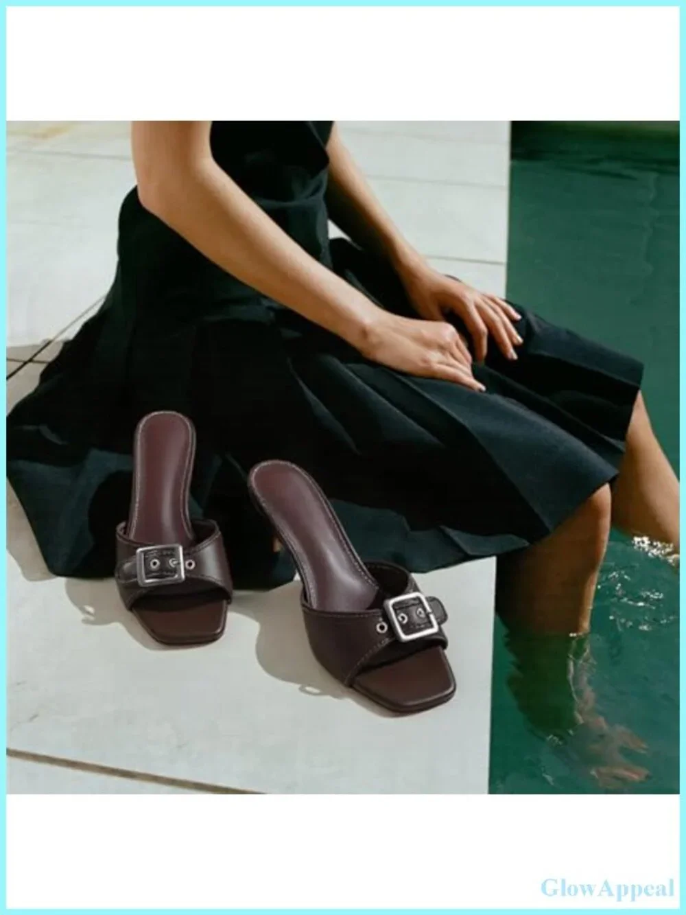Women's Square Toe Slip On Mule Heel Sandals Faux Leather Adjustable Strap